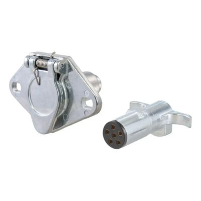 Vehicle and trailer 6-pin round wiring harness connectors with a durable metal finish, designed for secure connections.
