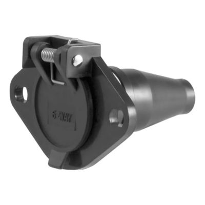 Vehicle-side 6-pin round trailer wiring harness socket with secure latch, ideal for durable electrical connections.