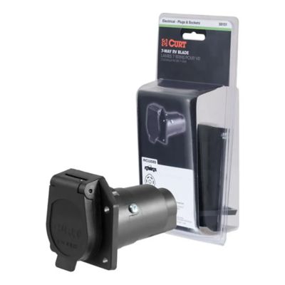 7-pin RV blade trailer wiring harness connector in packaging, featuring a durable, black design for reliable vehicle connections.