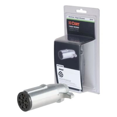 Trailer-side wiring harness socket with a 7-pin round design, shown in packaging with branding and connection diagram.