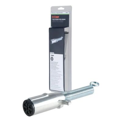 Trailer-side 7-pin round wiring harness socket with spring, packaged, highlighting durable metal design and connector layout.