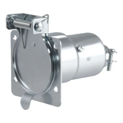 Silver 7-pin RV blade trailer wiring harness connector with protective cover and mounting plate.