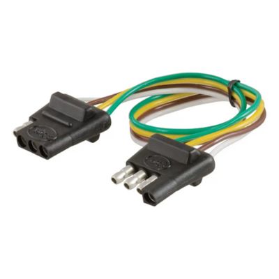 4-pin flat wiring harness with black connectors and multicolored wires for vehicle and trailer connections.