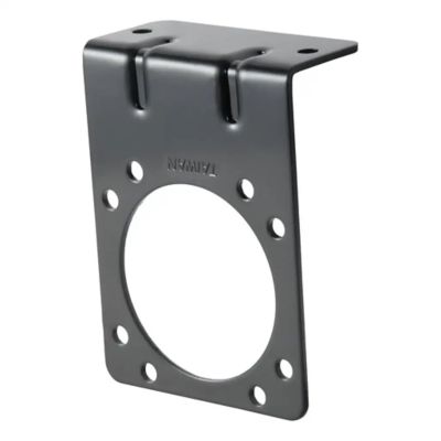 Trailer wiring harness bracket for 7-way RV blade, showing sturdy black metal construction with multiple mounting holes.
