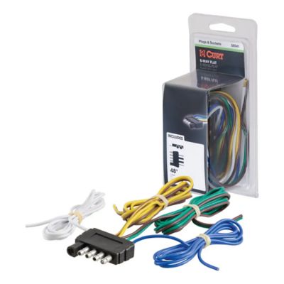 Trailer-side 5-pin flat wiring harness with colorful wires and connector, packaged in a box by CURT.