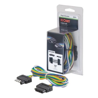 CURT 5-pin flat wiring harness with colorful 72-inch wires shown in packaging and coiled on surface.