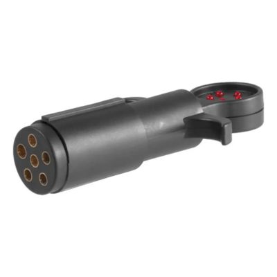 Black 6-pin round trailer socket tester with red indicator lights, designed for towing vehicle wiring.