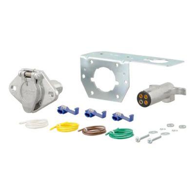 Vehicle and trailer 4-pin round wiring harness connectors with various colored wires and mounting hardware displayed on white surface.