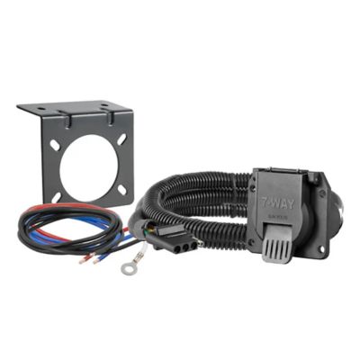 4-Way Flat to 7-Way RV Blade Wiring Adapter with mounting bracket and wires for vehicle-side dinghy towing connections.