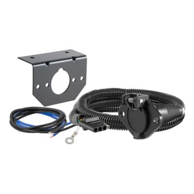 4-way flat to 6-way round vehicle wiring adapter with coiled cable and mounting bracket for dinghy towing.