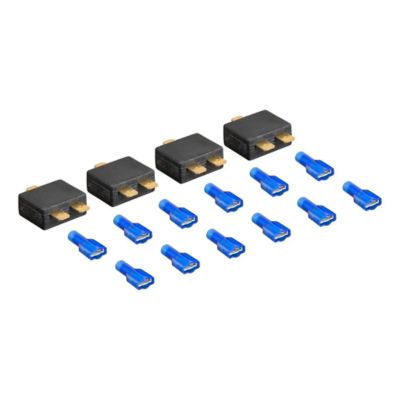 RV harness diode kit with four black diodes and blue connectors arranged in rows on a white background.