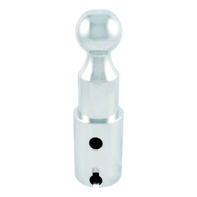 Double Lock Riser Gooseneck Ball with shiny metallic finish, featuring a spherical top and cylindrical base, ideal for towing.