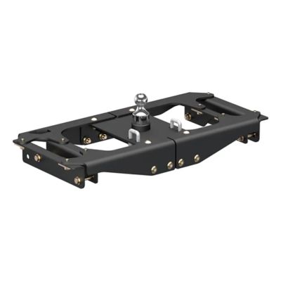 Gooseneck hitch cap with ball and black frame, featuring durable construction and metal hardware for towing.