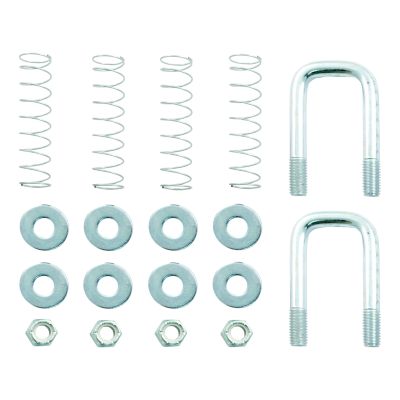 Gooseneck safety chain anchor U-bolt kit with springs, washers, and nuts laid out on a white background.
