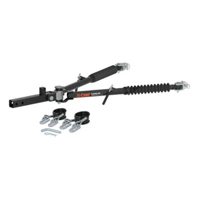Steel RV tow bar with a sturdy design, CURT branding, and safety clips, ideal for towing up to 7,500 pounds.