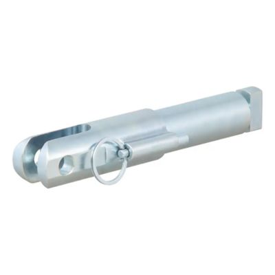 Replacement tow bar attachment tab with pin, featuring a metallic finish and durable construction for secure towing.