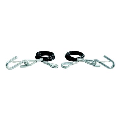 Vinyl-coated trailer safety cables with snap hooks, durable and strong, ideal for secure towing, shown coiled with metal hooks.