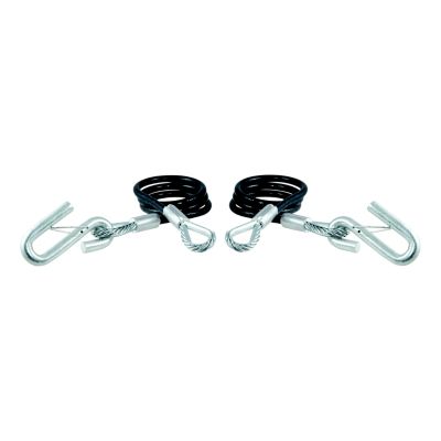 Vinyl-coated trailer safety cables with snap hooks, heavy-duty construction, set of two, emphasizing durability and strength.
