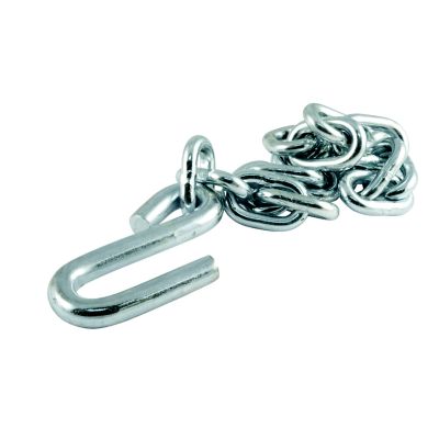 Trailer safety chain with S-hook, designed for durability and high break strength, ideal for securing heavy loads.