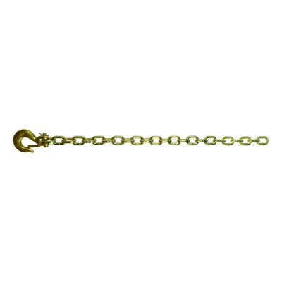 Trailer safety chain with clevis snap hook, robust metallic links, suitable for heavy-duty towing, gold finish.