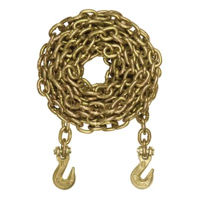 Heavy-duty transport chain with clevis hooks for secure load tie-down on trailers and flatbeds, 18,800 lbs break strength.