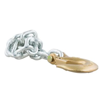 Trailer safety chain with clevis snap hook, silver links and gold hook, durable design, CURT 80315 16200 lbs break strength.
