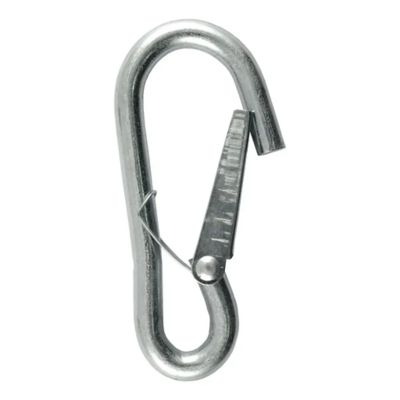 Sturdy metal snap hook carabiner clip for trailer safety chains, designed for secure and reliable towing connections.