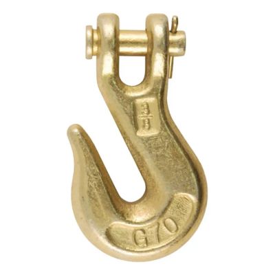 Forged steel clevis grab hook in gold finish, ideal for secure lifting tasks.