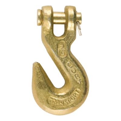 Forged steel clevis grab hook in gold finish with visible branding and durable construction. Ideal for heavy-duty tasks.