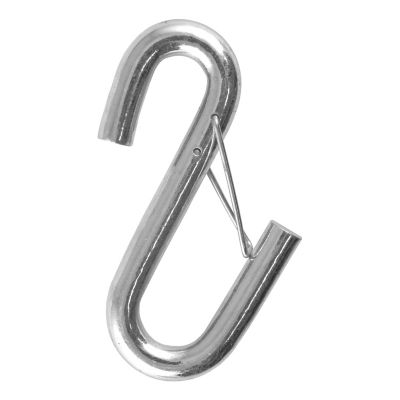 Heavy-duty silver trailer safety S-hook with latch, ideal for secure towing.