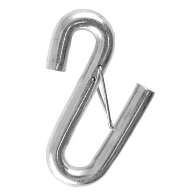 Trailer safety chain S-hook with latch, durable metal construction, ideal for secure towing connections.