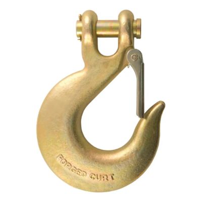 Forged steel clevis slip hook with safety latch, featuring a robust design and smooth golden finish, ideal for heavy-duty use.