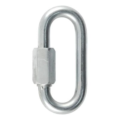 Steel quick link carabiner clip for trailer safety chains, featuring a threaded closure and durable design.