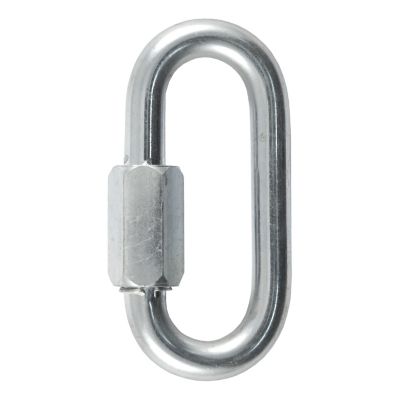 Threaded quick link carabiner clip for trailer safety chains, showcasing sturdy metal construction and secure design.
