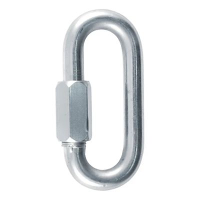 Threaded quick link carabiner clip for trailer safety chains, showcasing robust construction and secure closure.
