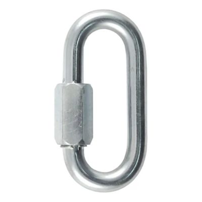 Threaded quick link trailer safety chain hook carabiner clip, silver, showcasing durable design and secure fastening mechanism.