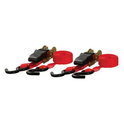 Red nylon ratchet straps with hooks, set of two, designed for secure fastening, emphasizing heavy-duty durability.