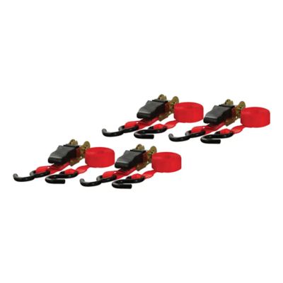 Red nylon ratchet straps set of four, showcasing durable construction and hooks for secure load management.