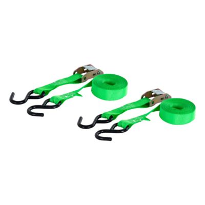 Dark green nylon cargo straps with hooks, 900 lbs break strength. Two-pack of durable straps for secure load fastening.