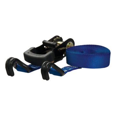 Blue nylon ratchet strap with hooks and ratcheting mechanism, designed for heavy-duty securing with 2,200 lbs break strength.