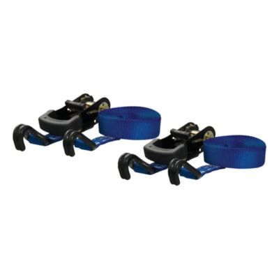 Blue nylon ratchet straps with black hooks, showcasing durable construction and practical utility, two-pack set.