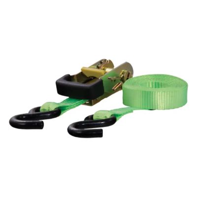 Lime green nylon ratchet strap with hooks, showcasing strong build and durability for secure load fastening.