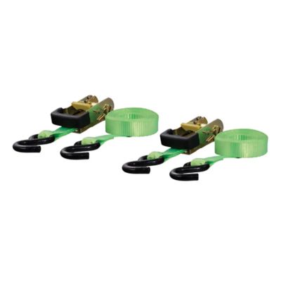 Lime green ratchet straps with black hooks, solid build, designed for secure heavy-duty fastening.