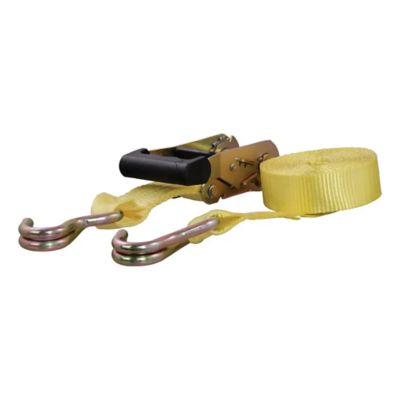 Yellow nylon ratchet strap with hooks and ratchet buckle, designed for heavy-duty securing tasks.