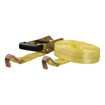 Yellow nylon ratchet strap with hooks and a strong metal handle, ideal for securing heavy loads.
