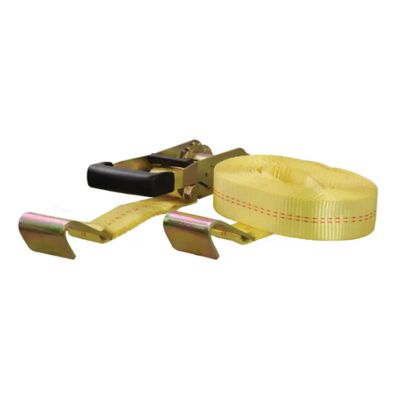 Yellow nylon ratchet strap with hooks and handle, designed for heavy-duty securing with high break strength.