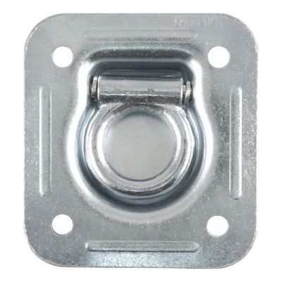 Recessed trailer rope ring tie down anchor; sturdy metal construction, square mounting plate with circular ring.