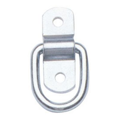 Surface-mounted trailer D-ring tie down anchor, shiny metal finish, two mounting holes, robust design for secure attachment.