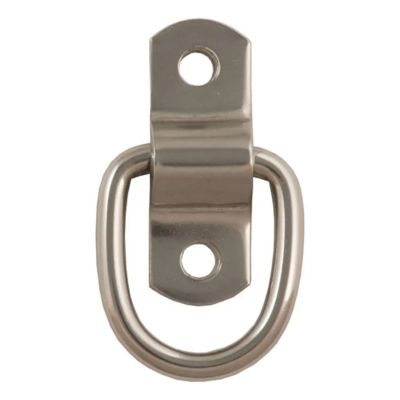 Stainless steel trailer D-ring tie-down anchor with surface-mounted design and dual bolt holes for secure attachment.