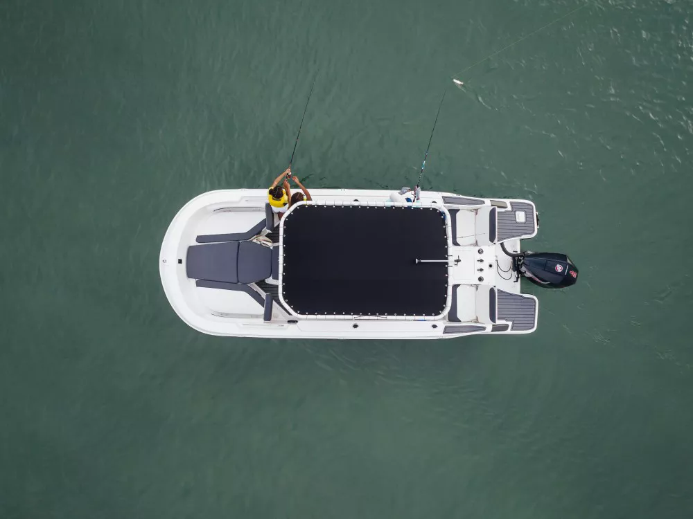 Bayliner Fishing Boat, Anchored, Aerial View, Family Fishing